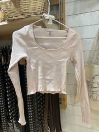 Top corto básico acanalado rosa para mujer, camisetas de manga larga de algodón suave con cuello redondo, camisetas elegantes Harajuku, camisetas ajustadas sencillas y2k 240202