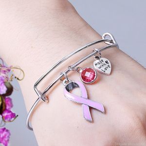 Roze Ribbon Borst Kanker Bedel Armbanden Verstelbare Liefde Hart Armband Bangle voor Vrouwen Verzorging Survivor Sieraden Geschenken