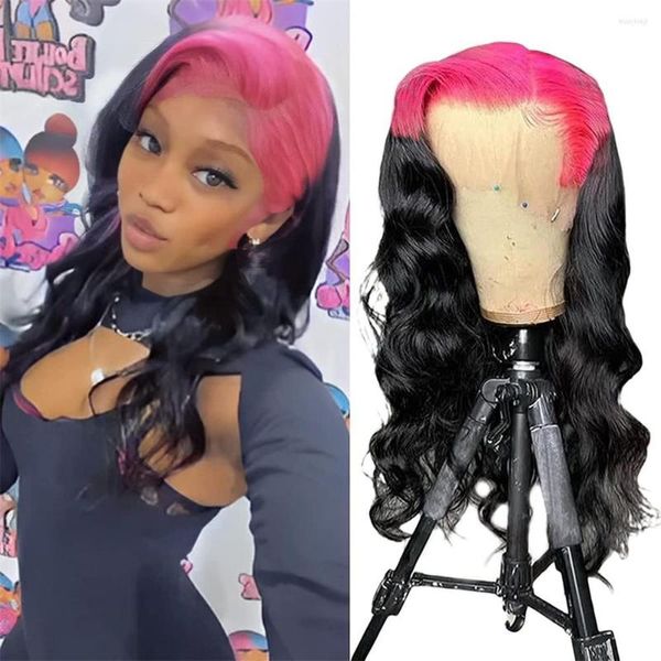 Rose Racines Deux Tons Noir Long Ondulé Synthétique Dentelle Avant Pour Femmes Ombre Couleur Corps Vague Chaleur Fibre Cheveux Cosplay