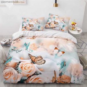 Rose Rose Floral Flower Butterfly Quilt 3Pcs King Housse de couette pleine grandeur Ensemble de linge de lit Couvre-lit pour un enfant 200x200 240x220 L230704