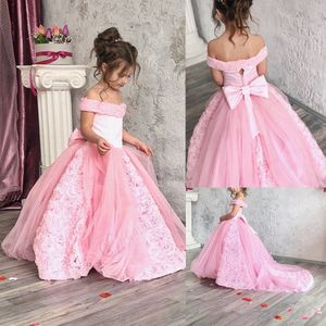 Roze roze bloem meisje jurk met boog geappliceerd kant op maat gemaakte verjaardag jurken mouwloze pageant eerste communie jurken sweep trein