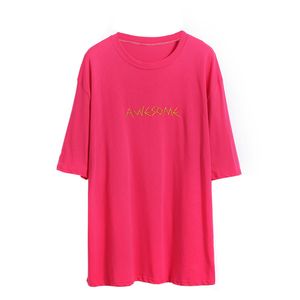 Rose Rose Lettre 'génial' Broderie 3/4 Manches Longues Tee Tops T-shirt O Cou Été B0107 210514