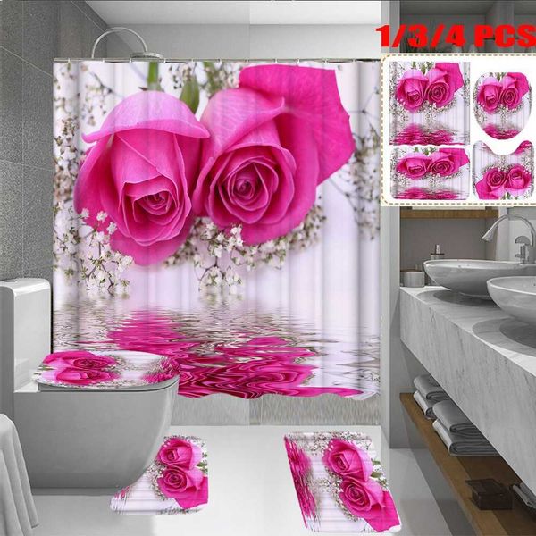 Rosa rosa impresa impermeable cortina de ducha baño antideslizante conjunto de alfombras de baño alfombras de baño cubierta de asiento de inodoro alfombra de piso decoración de baño 210712