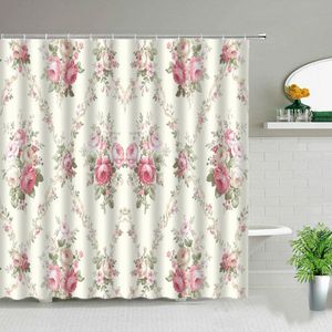 Cortina de ducha rosa rosa floral planta verde hoja paisaje tela de poliéster cortinas colgantes decoración del baño conjunto con ganchos 240328