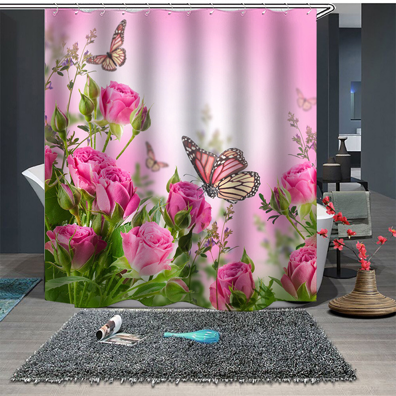Duschvorhang mit rosa Rosen und Schmetterlingen, personalisierbar, wasserdicht, 3D-Duschvorhang, 100 % Polyester, Digitaldruck, Badezimmervorhang, 180 cm x 180 cm