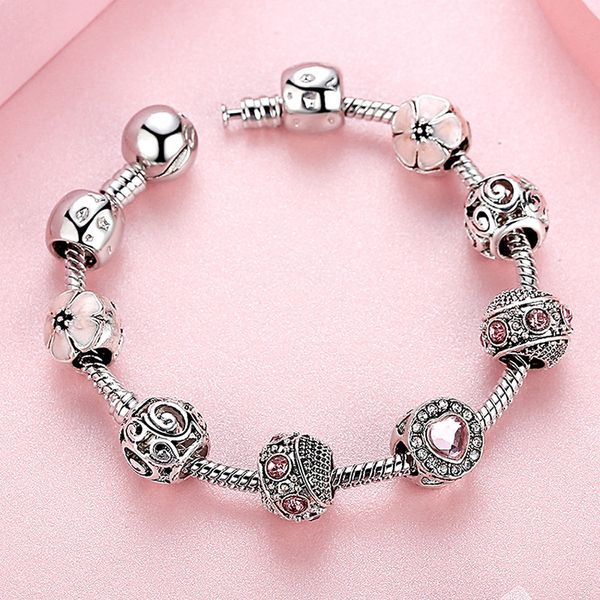 Pink Sakura Flower Bracelets Pan Dora Designs 925 Silver Fashion Love Heart Shaped Crystal Rhinestone Opal Beaded Charm DIY Jewelry Bangle