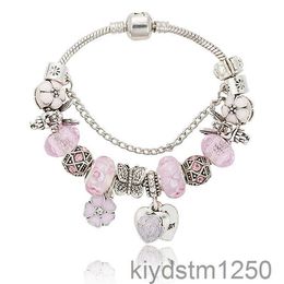 Rose Sakura Amour Coeur Pendentif Charms Bracelet pour 925 Argent 3mm Serpent Chaîne Charme Bracelets Femmes avec Original 0awx