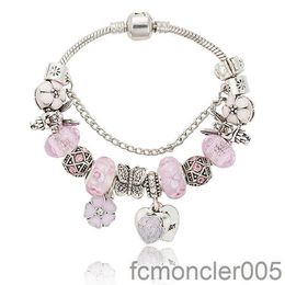 Roze Sakura Love Heart hanger Charmel Bracelet voor 925 zilveren 3 mm slangenketen bedelarmbanden vrouwen met originele WR2Y WR2Y