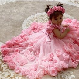 Robes de fille de fleur rose Scoop fleurs faites à la main Tulle petites filles mariage luxueux Communion robe de concours robes F1682306