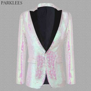 Roze sequin glitter blazer jas mannelijke 1 knop patchwork kraag glanzende blazers heren partij prom fase kleding voor zangers dansers 210522