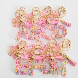 Pink Sequin Resin 26 lettres Pendre de chaîne de clés Butterfly Fringe Accessory Clé Pendeur