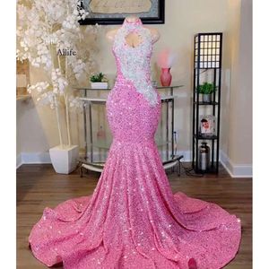 Robes de bal de sirène à paillettes roses pour fille noire sier applique cristal perlé robe longue robe de soirée spécial robes OCN 0219 0515