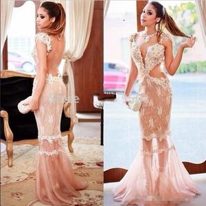 Roze sexy blush lange avondjurken zeemeermin illusie illusie lijfje sweep trein gesneden zijkanten korte afgedekte mouwen backless prom party jurken