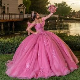 Robes de quinceanera sexy rose sexy perles de cristal paillettes Appliques de paillettes d'épaule