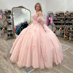 Robe de bal rose Sexy, épaules dénudées, princesse de 15 ans, robe Quinceanera en dentelle, fleurs 3d, paillettes, Tulle, robes de fête d'anniversaire, 2024