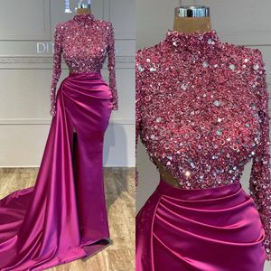 Roze sexy rosy zeemeermin avondjes pailletten hoge nek gesneden zijkanten formele feest prom jurk pleids jurken voor speciale ocn es