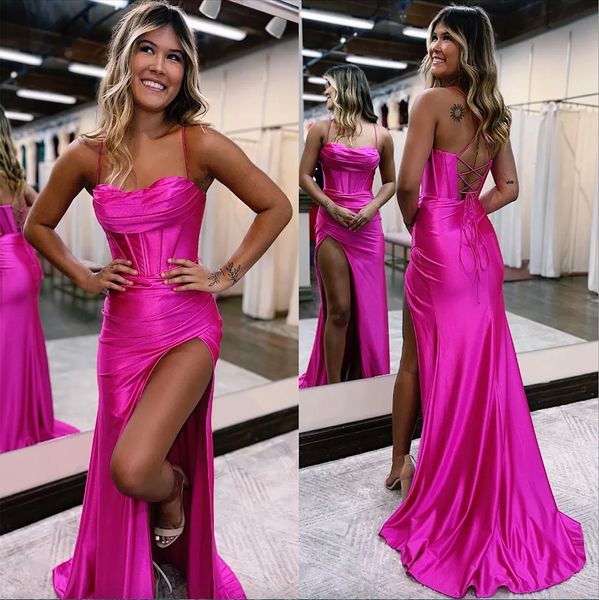 Pink Sexy Rosy Prom Dresses Spaghetti Lace Up Back Fiesta de la fiesta de la fiesta PLISTOS DISPILIZADOS Formal Long Special OCN Vestido OCN