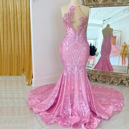 Roze sexy sprankelende zeemeermin avondjurk 2023 Halter kralen kristal afstuderen feestjurken Backless Glitter Robe de Bal