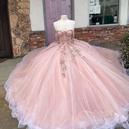 Roze Sexy Strapless Corset Baljurk Quinceanera Jurken Kralen 3D Bloemen Prom Graduation Toga Lace Up Prinses Sweet 15 16