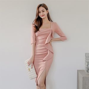 Roze sexy strakke jurk Koreaanse dames zomer ruche halve mouw vierkante hals feestjurken voor dameskleding 210602