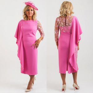 Roze schede kant moeder van de bruid jurken met lange mouwen bateau nek bruiloft gast jurk thee lengte plus size avondjurken