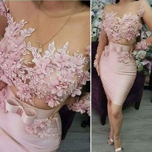 Roze Sheer Illusion Avondjurken Lange Mouwen Korte 2020 Kant Applique Beaded Prom Dress 3D Bloemen Schede Avondjurken Robe de Soiree