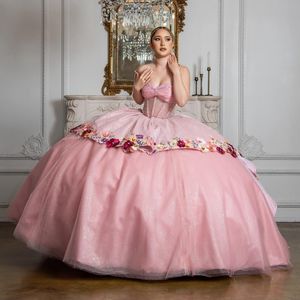 Roze Glanzende Baljurk Quinceanera Jurk 2024 Applicaties Bloemen Kralen Kristal Tull Off Schouder Sweet 15 16 Jaar Vestidos De XV Anos