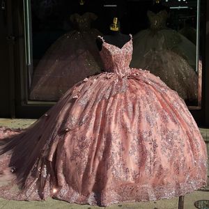 Robe De Bal Rose Brillante Quinceanera Robe 2024 Appliques De Dentelle Fleurs Perles Tulle Spaghetti Sangle Douce 16 Ans Robes 15 De XV Anos