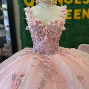 roze glanzende baljurk quinceanera jurken parels 3d bloemen applique kralen vestidos de 15 anos corset jurk voor 16e verjaardag