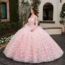 Roze glanzende vlinders boog licht blauw tule quinceanera jurken mouwloze kogel jurk zoete zestien jurk vestidos de jurken