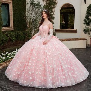 Vestidos de quinceañera de tul azul claro con lazo de mariposas brillantes de color rosa, vestido de baile sin mangas, vestido de 15 vestidos de dulce dieciséis