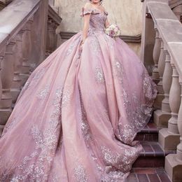 Roze glanzende korset Quinceanera Ball Lace Appliqued Long Princess Off the Shoulder Sweet 16 jurken jurk Vestidos de 15 0417