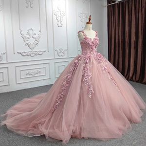 Roze Glanzende Bloemen Quinceanera Jurken Spaghetti Band 3D Bloem Kant Applicaties Verjaardagsfeestje Baljurk Vestidos De 15 Anos