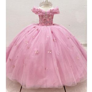 Roze Glanzende Bloem Meisjes Jurk Off Shoulder Prinses Baljurk Voor Verjaardag Kant Kristallen Kralen Boog vestidos para ninas