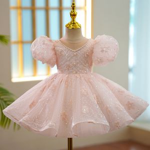 Vestidos de niñas de flores brillantes de color rosa con perlas Elegante aplique de cuentas de encaje Vestido de primera comunión Princesa sin mangas por encargo blingbling Vestido de desfile para niños