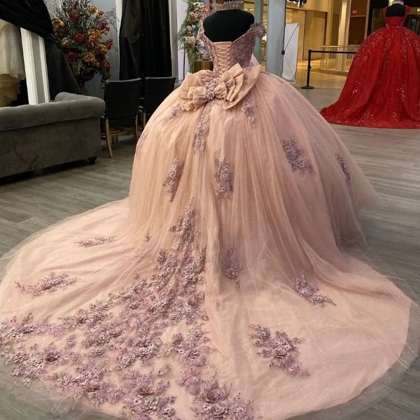 Rose brillant dentelle 3D fleur Appliques robes de Quinceanera avec nœud robes de bal Tulle princesse douce 16 robe à lacets vestidos de 15