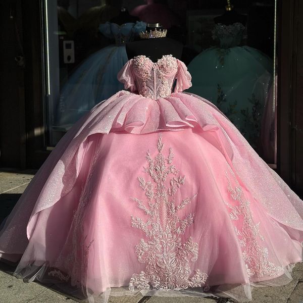 Vestido para quinceañeras rosa brillante con hombros descubiertos, apliques de encaje con cuentas, vestido de princesa de tul, vestido de fiesta dulce de 16 años, vestidos de 15