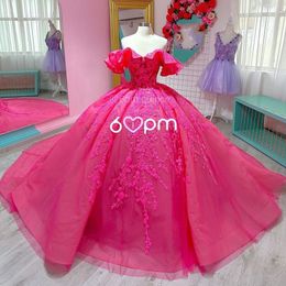 Roze glanzende van de schouderbal jurk kralen Appliques lovertjes Quinceanera -jurken Princess Sweet 16 Vestidos de 15 anos gewaad de bal