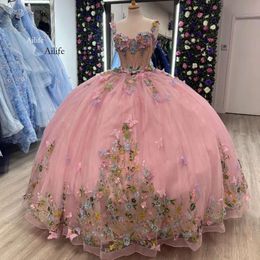 Roze glanzende van de schouderbaljurk Quinceanera -jurken voor meisjes kralen applique boog verjaardagsfeestje jurken