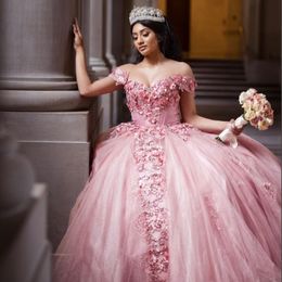 Rosa glänzendes schulterfreies mexikanisches Quinceanera-Kleid mit Applikationen und Perlen, Vestido De XV Anos 15 16 Geburtstagsparty-Abschlussballkleid