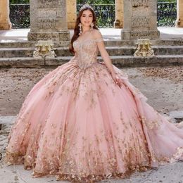 Rose brillant princesse Quinceanera robes 3D fleur appliques dentelle perles à lacets Corset cendrillon bal anniversaire doux 16 robe