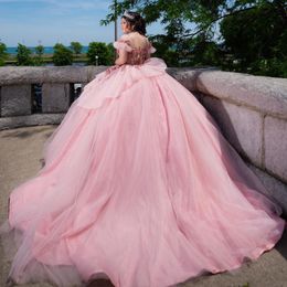 Roze Glanzende Prinses Quinceanera Jurken Off Shoulder Kant Applicaties 3DFlower Baljurk Sweet 16 Jurken vestidos de 15 anos