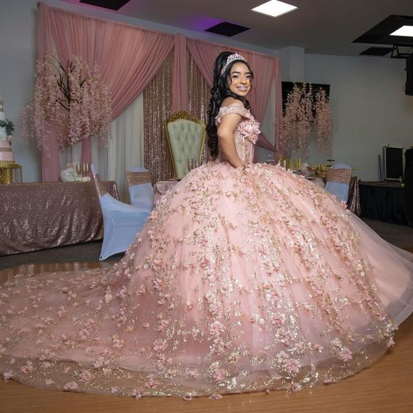 Robe De Quinceanera rose brillante, épaules dénudées, robe De bal, Corset à fleurs 3D, dentelle dorée, Appliques perlées, douce 16 robes De 15 ans