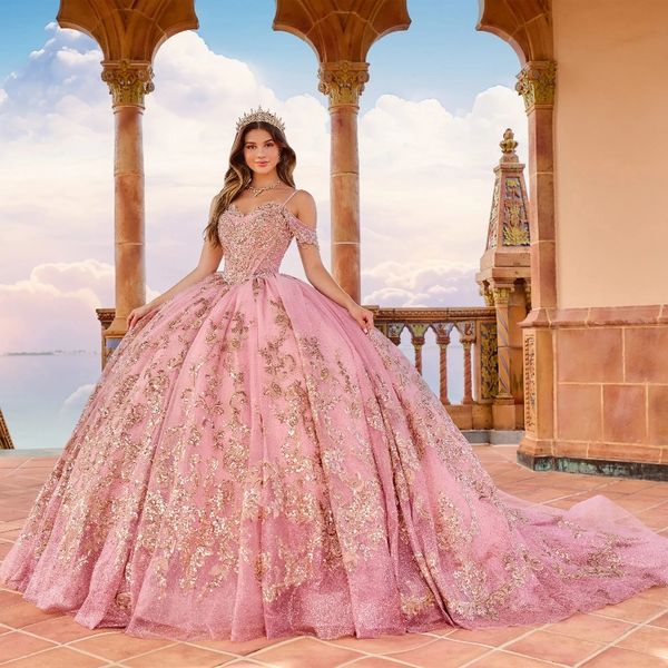 Rose brillant Quinceanera robe princesse robe De bal Tulle or Appliques dentelle perles doux 15 16 robe robes De 15 Anos