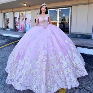 Robes De Quinceanera roses brillantes, robes De princesse en dentelle avec des appliques De cristal, 15 ans, robe De bal à lacets, 16 robes, 2024