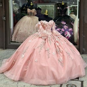Robes de Quinceanera rose brillant pour 15 ans, robe de bal Sexy, épaules dénudées, perles en dentelle appliquées, robe longue de soirée en tulle pour filles