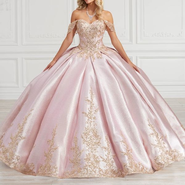 Robes de quinceanera brillantes roses perles appliquées en dente