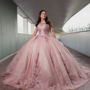 Robes De Quinceanera rose brillant, col rond mexicain, dentelle, perles De fleurs 3D, bouffantes, robes De bal De luxe appliquées, 15 De