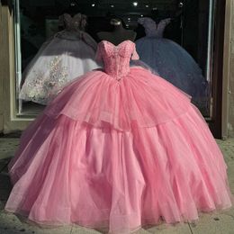 Розовые блестящие платья Quinceanera мексиканцы от плечевого шарикового платье.