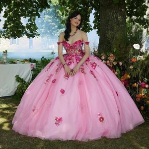 roze glanzende quinceanera jurken mexicaanse uit de schouder baljurk applique bloem prinses lange zoete 16 galajurk 15 jaar